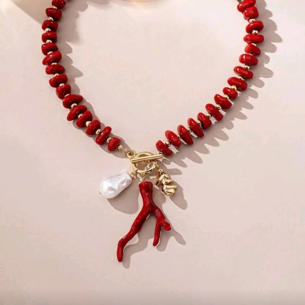Red Necklace with Gold Accents Set - Picture 4 of 16